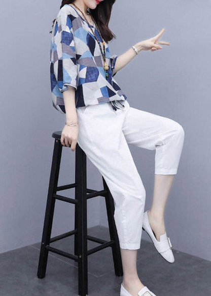 Vogue Blue Print Tops and Crop Pants Summer