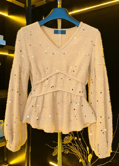 Khaki V Neck Sequins Cotton T Shirts Fall
