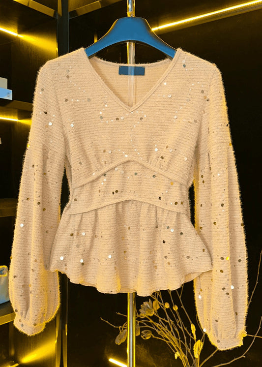Khaki V Neck Sequins Cotton T Shirts Fall