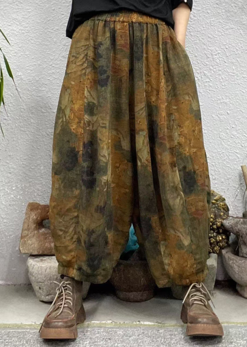 Yellow Pockets Print Elastic Waist Cotton Crop Pants Spring