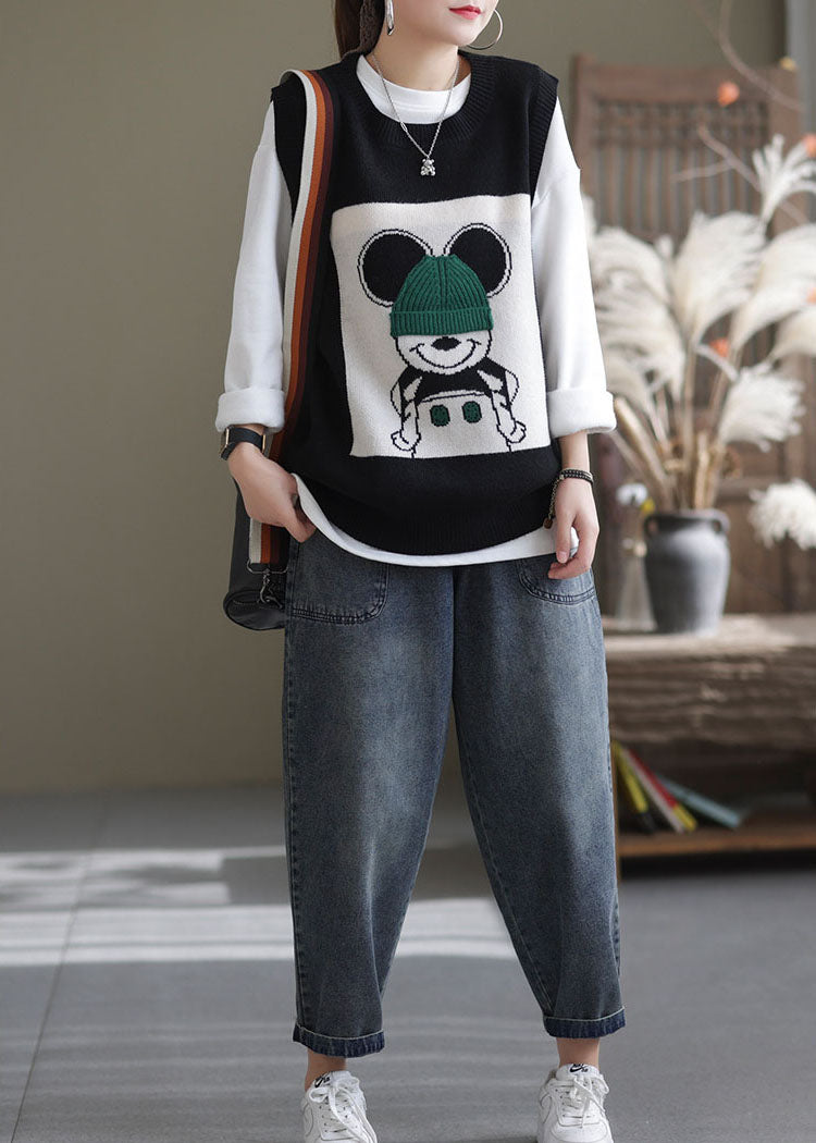 Black O-neck Animal Knit Vest Sleeveless