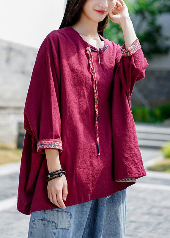 Wine Red Tasseled Linen T Shirt O-neck Fall