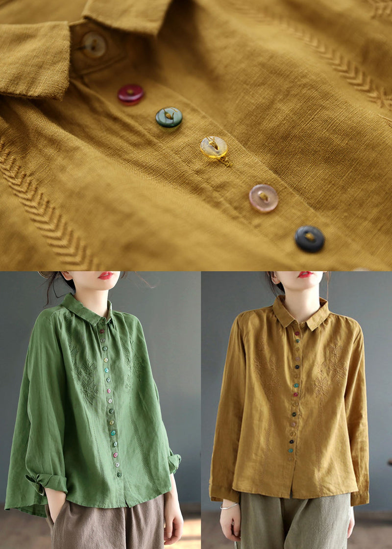 Yellow Peter Pan Collar Embroidered Linen Blouse Tops Fall
