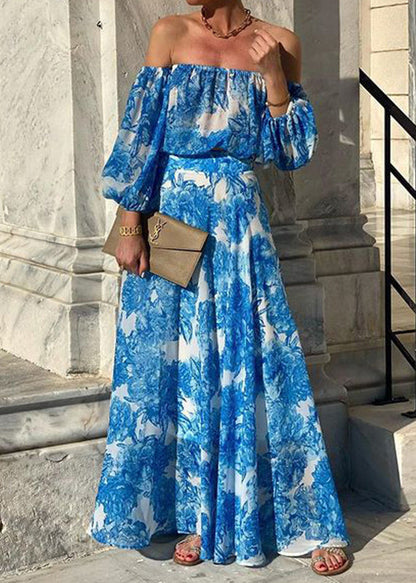 Blue Slash Neck Print Cotton Dress Long Sleeve