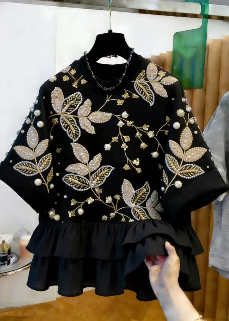 New Black Nail Bead Patchwork T Shirt Short Sleeve