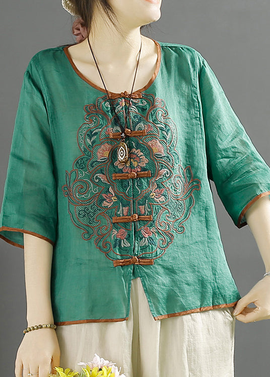 Green O-neck Embroideried Linen Shirt Top Summer