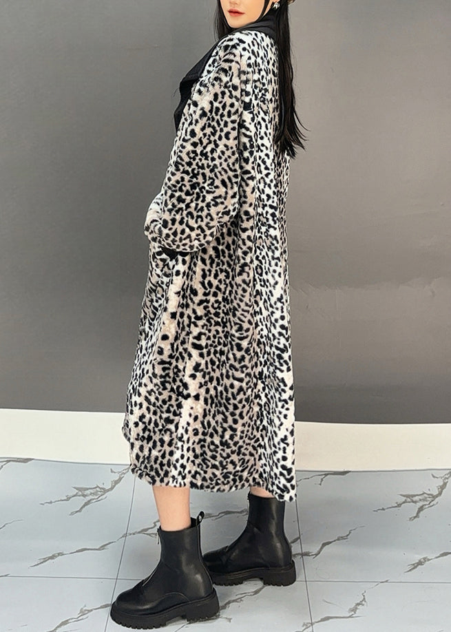 Dark Grey Leopard Patchwork Pockets Long Trench Coat Spring