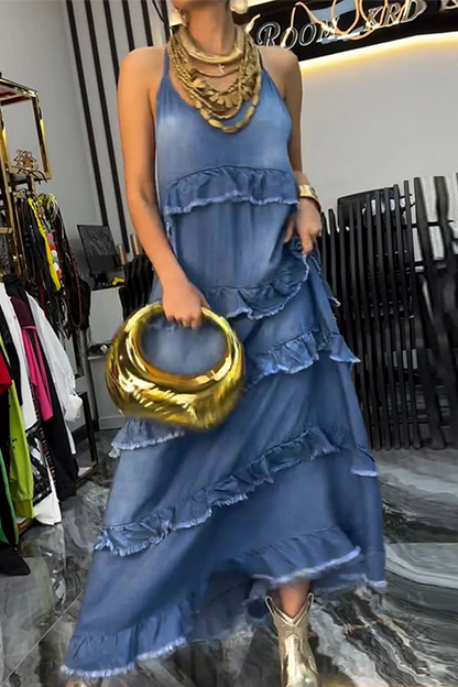 Color Distressed Ruffle V Neck Sleeveless Loose Denim Dresses