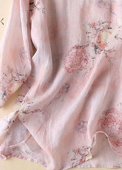 Diy Pink O-neck Print Side Open Cotton Linen Tops Half Sleeve