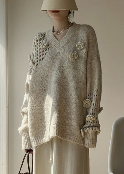 Apricot V Neck Hollow Out Cotton Knit Sweater Winter
