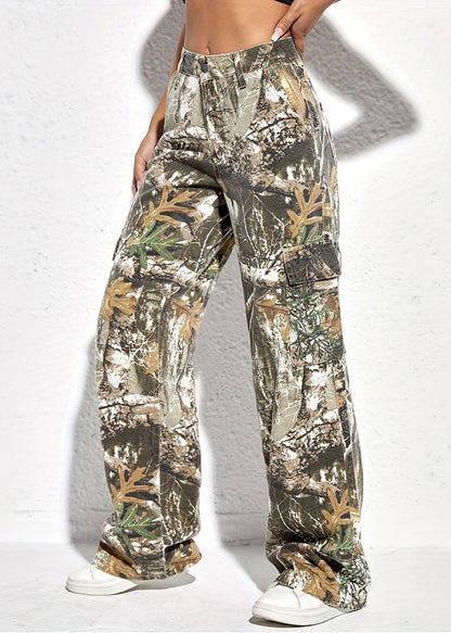 Print Pockets High Waist Cotton Pants Spring