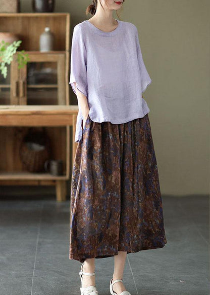 Khaki Print Patchwork a Line Skirt Linen Fall