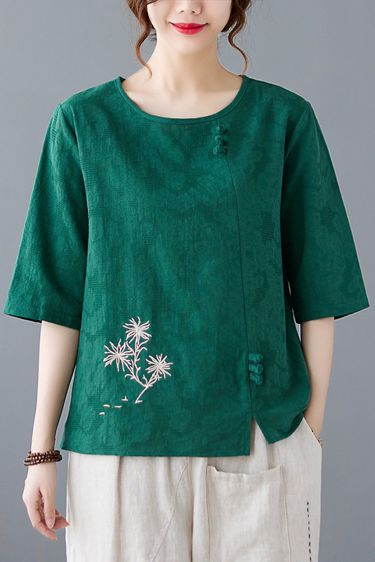 -summer Embroidered Cotton T-shirt Loose Mid Sleeve Tops