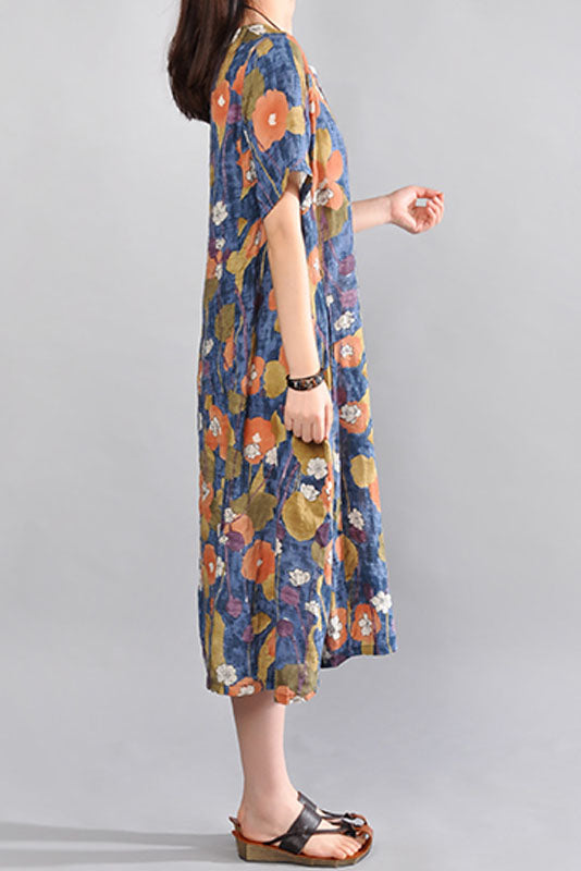 Summer Cotton Linen Dress Short Sleeve Linen Long Dress