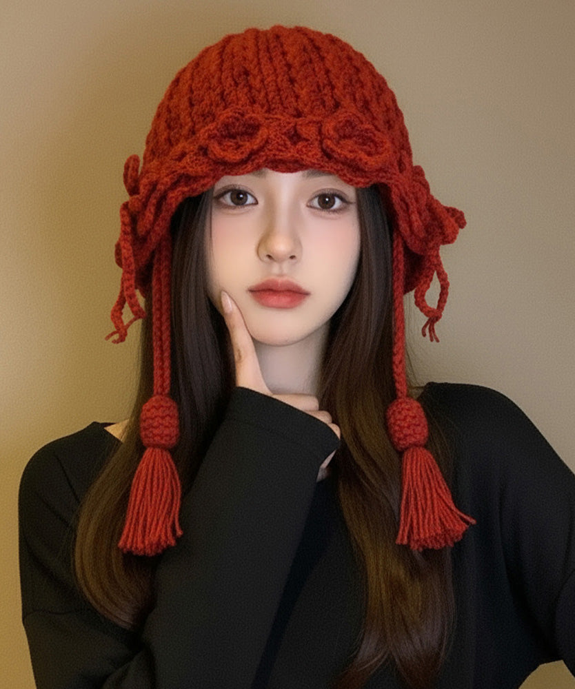 New Red Flower Warm Versatile Tassel Knitted Hat