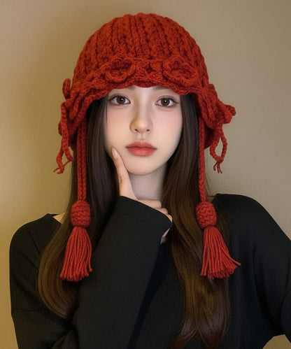 New Red Flower Warm Versatile Tassel Knitted Hat