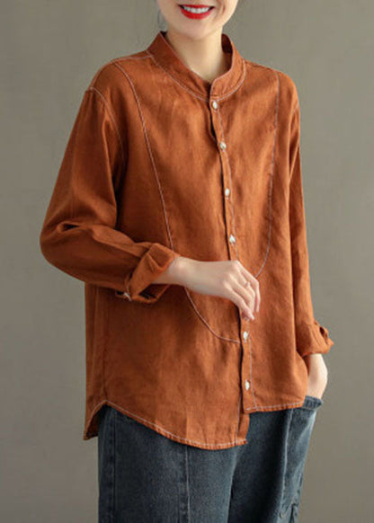 Navy Stand Collar Asymmetrical Patchwork Linen Shirt Top Long Sleeve
