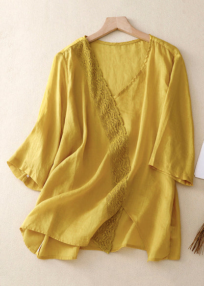 Yellow V Neck Lace Linen Top Half Sleeve