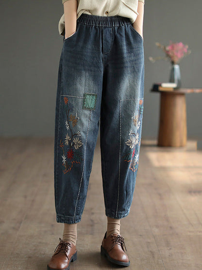 Loose Embroidered Elasticity Harem Denim Pants