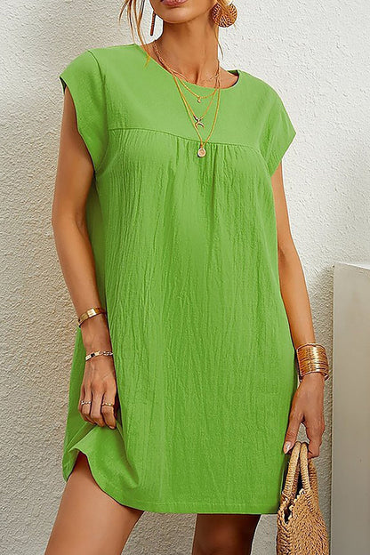 Sleeveless Round Neck Color Cotton and Linen Dress