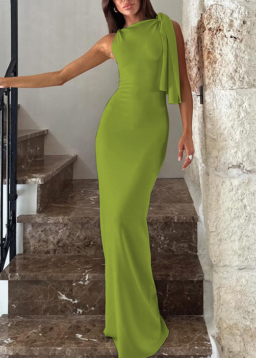 Apricot One Shoulder Slim Fit Silk Long Dress Summer