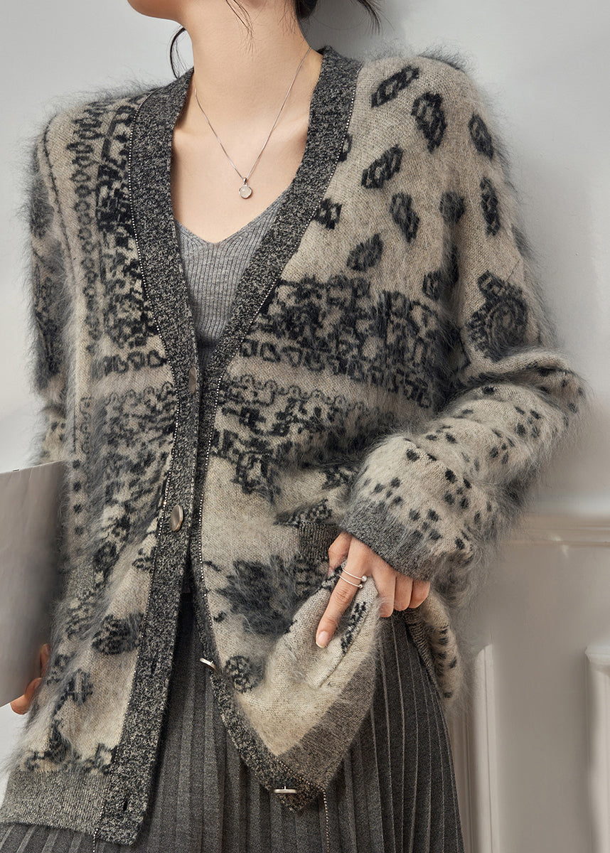 Grey V Neck Print Cotton Knit Cardigan Long Sleeve