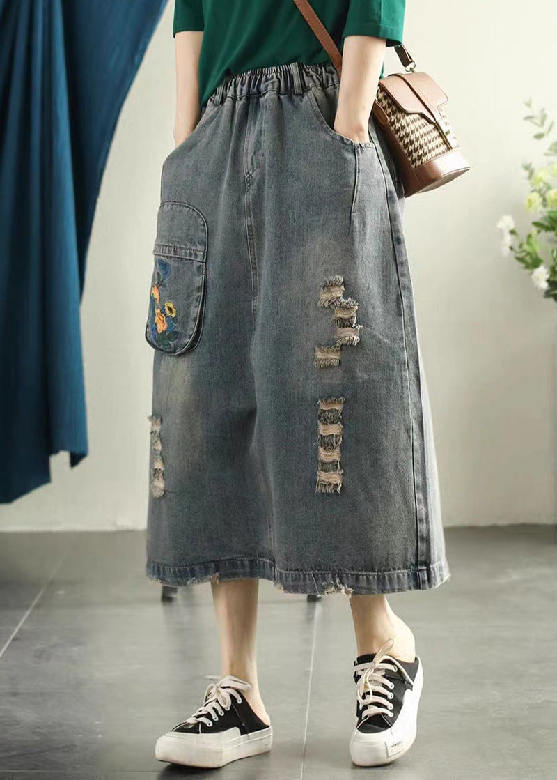 Light Blue Embroidered Patchwork Cotton Long Skirt Summer