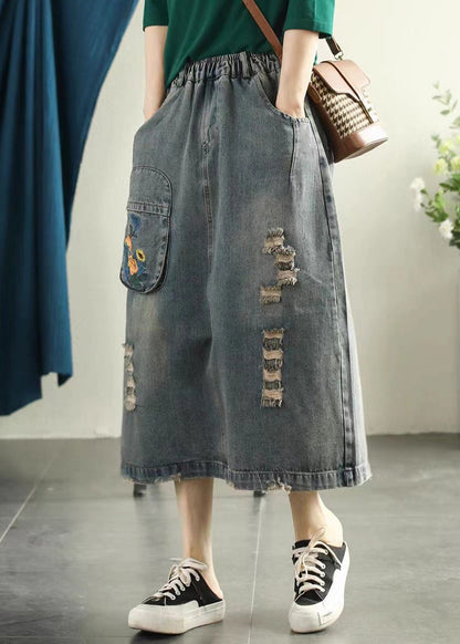 Light Blue Embroidered Patchwork Cotton Long Skirt Summer