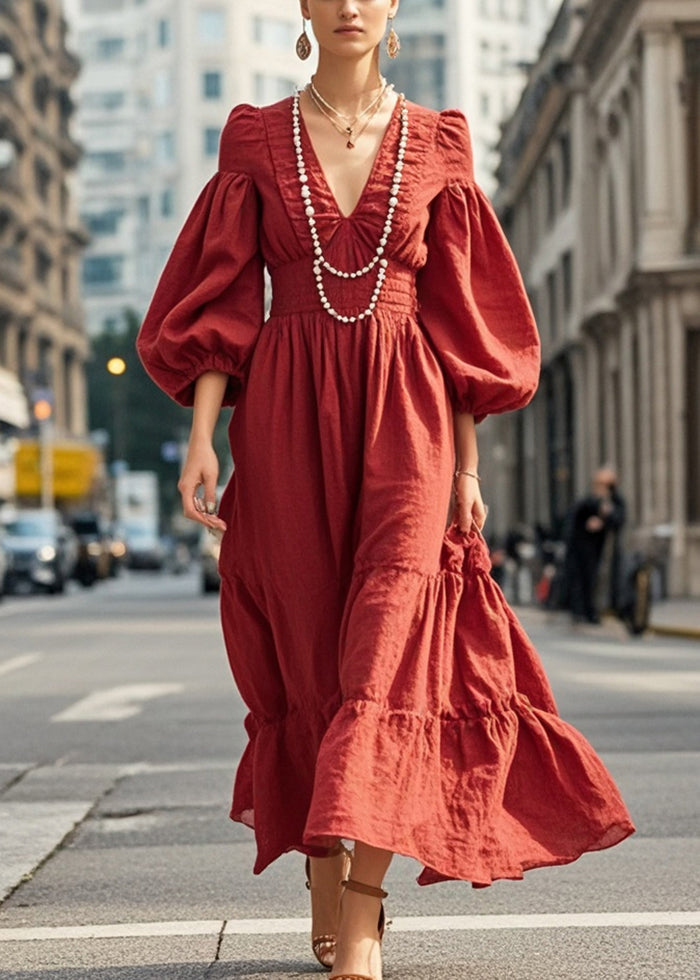 Dull Red V Neck Exra Large Hem Silm Fit Dress Lantern Sleeve