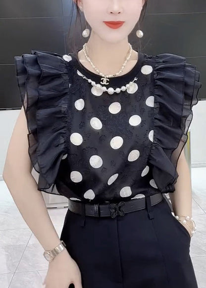 New Black O-neck Ruffled Print Chiffon Tops Summer