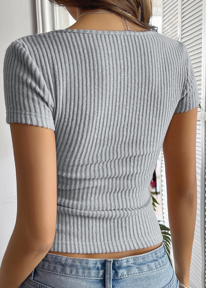 Slim Fit Grey O Neck Knit T Shirt Tops Summer