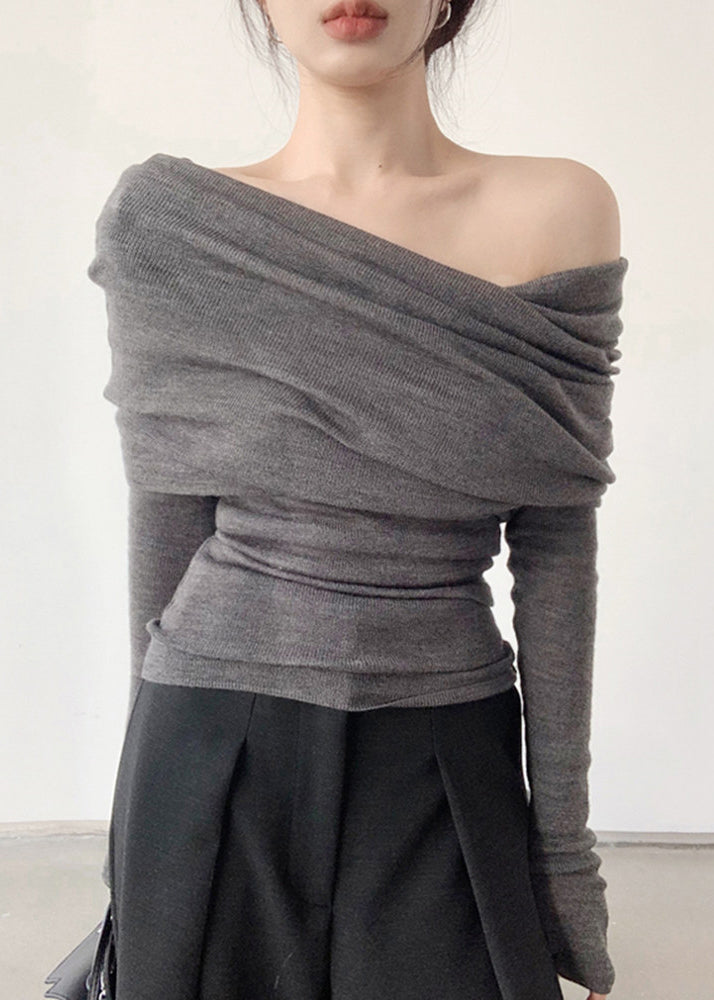 Grey Slash Neck Wrinkled Knit Top Spring