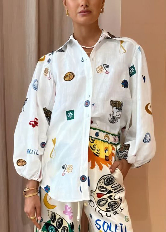 White Peter Pan Collar Button Print Cotton Blouses Long Sleeve