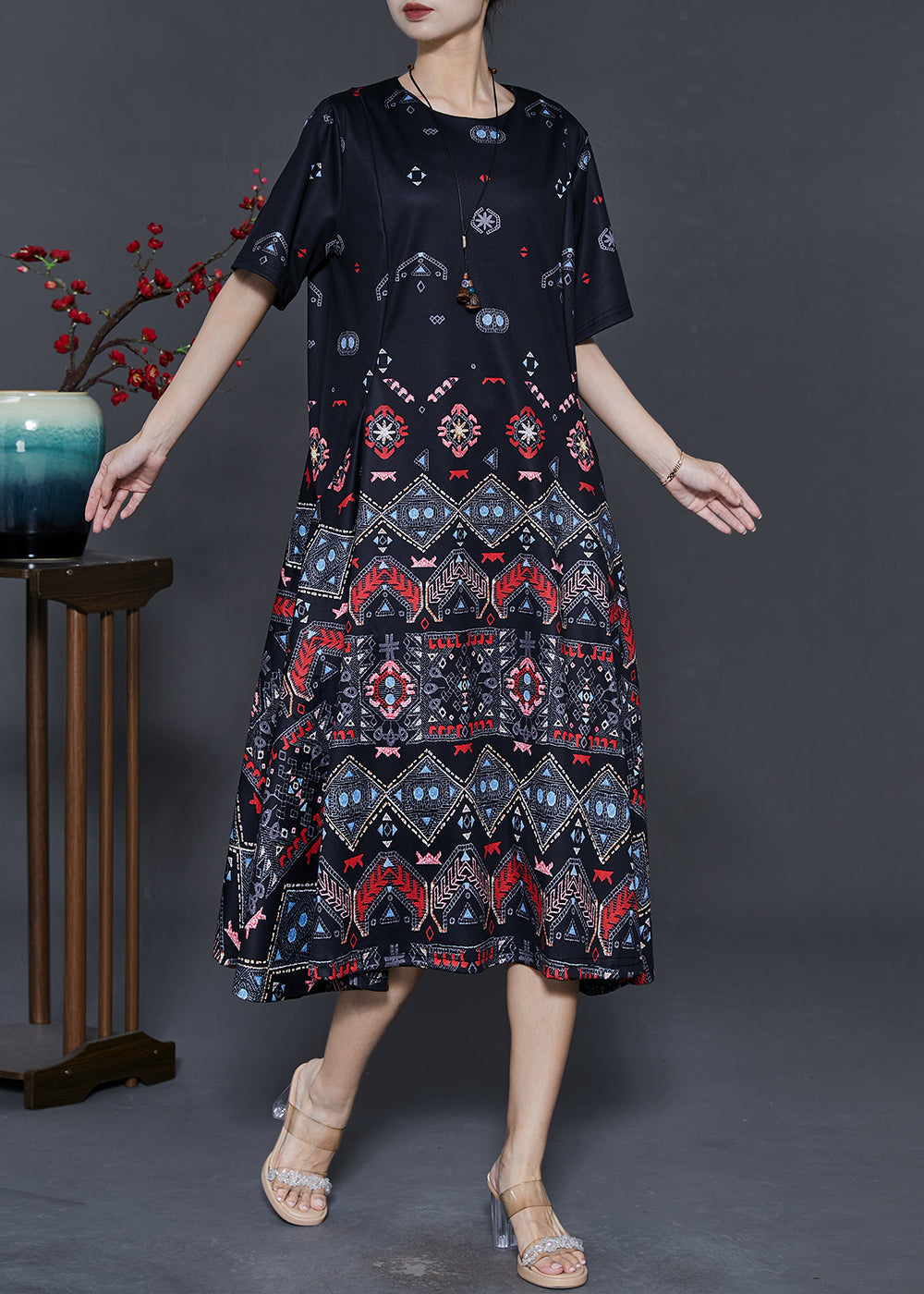 Black Print Exra Large Hem Silk Dresses Summer