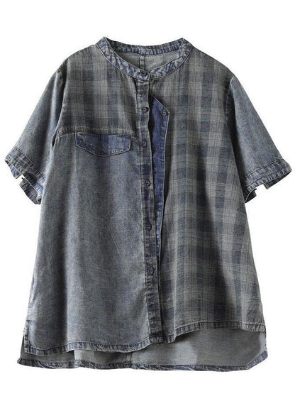 Blue Grey Denim Plaid Patchwork Summer Tops Short Sleeve