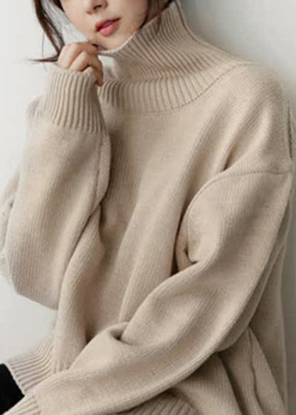 Simple Beige Turtleneck Knitted Cotton Sweaters Winter