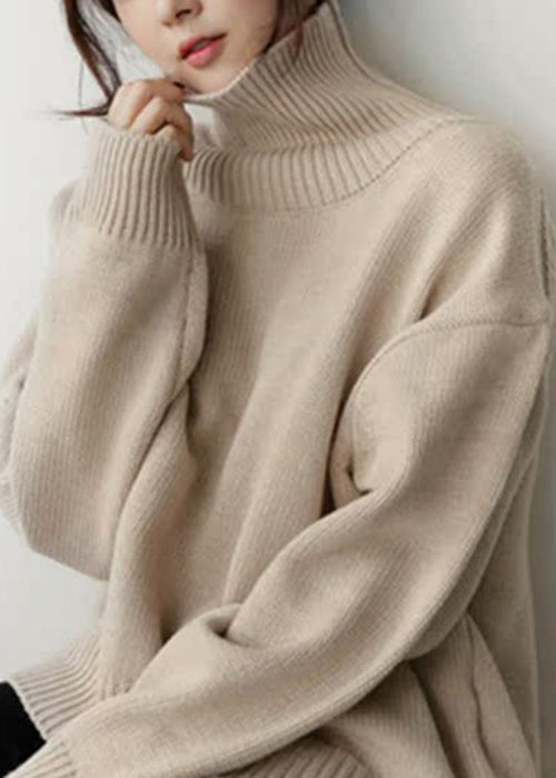 Simple Beige Turtleneck Knitted Cotton Sweaters Winter