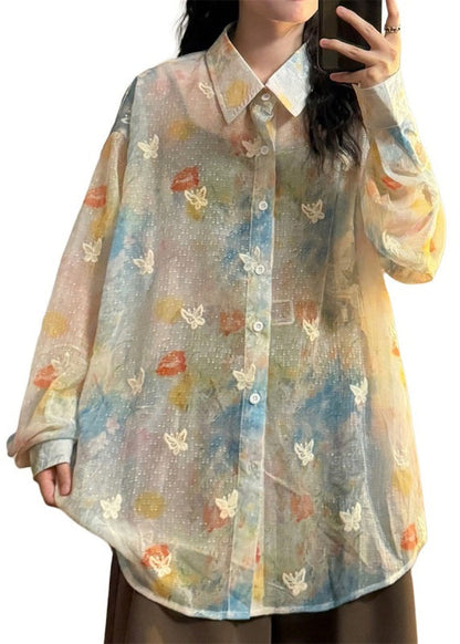 Rainbow Peter Pan Collar Butterfly Button Cotton Shirts Spring