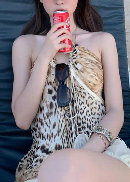 American Leopard Print Backless Suspender Dress Summer