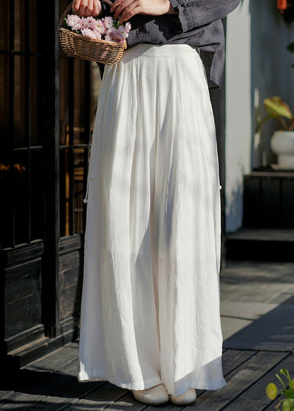 Simple White Elastic Waist Cotton Wide Leg Pants Summer
