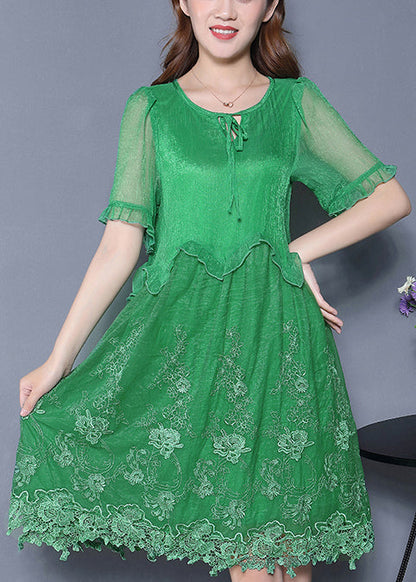 Green Embroidered Ruffled Silk Vacation Dresses Summer