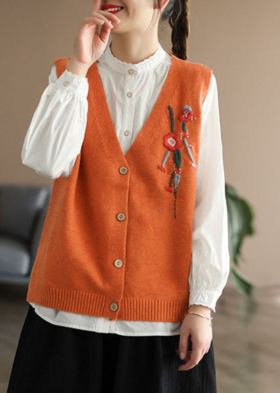 Orange V Neck Embroidered Knit Vest Spring