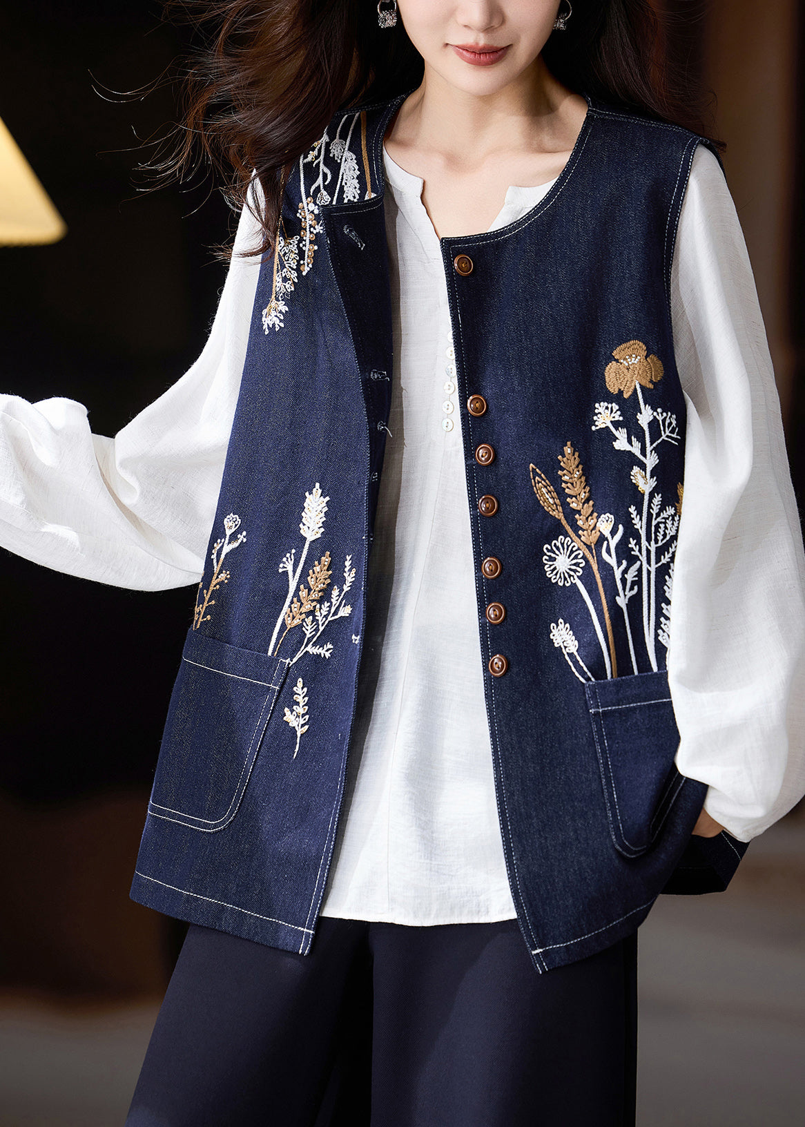 Diy Navy Oversized Embroideried Denim Vests Fall