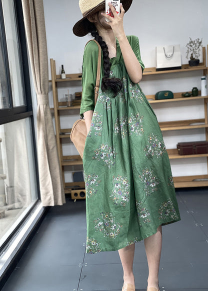 Apricot V Neck Print Patchwork Ramie Linen Dresses Summer