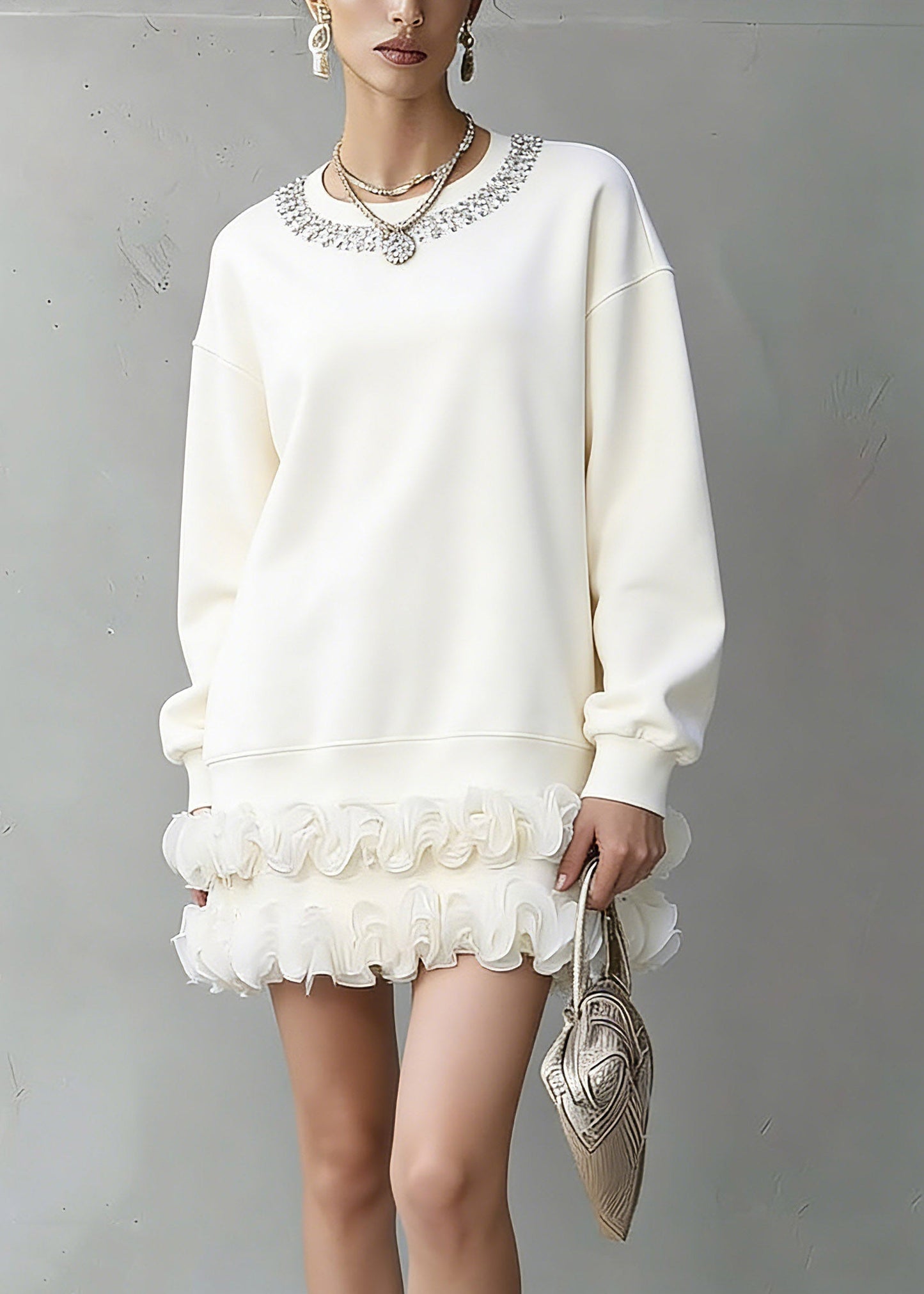 Unique White O-neck Zircon T Shirts Lantern Sleeve