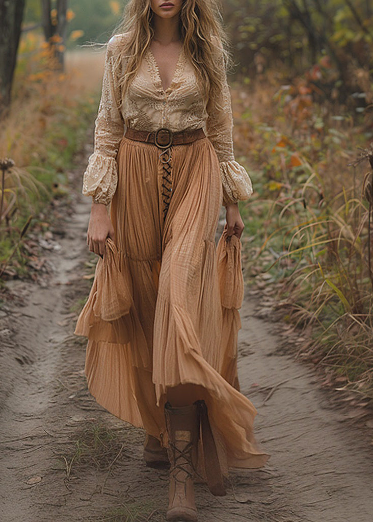 Colorblock V Neck Wrinkled Patchwork Cotton Dress Long Sleeve