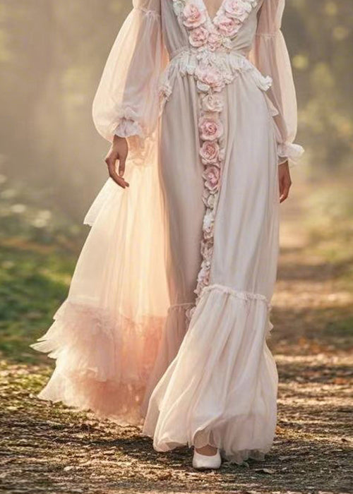 Style V Neck Decorated Wrinkled Patchwork Chiffon Dresses Spring