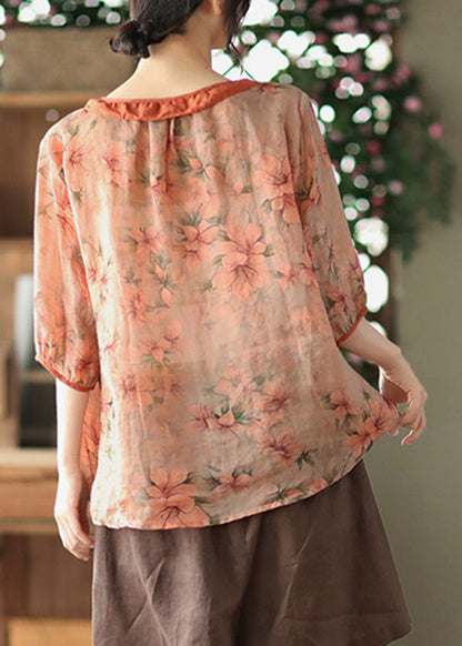 Orange O-neck Button Ramie Shirt Summer