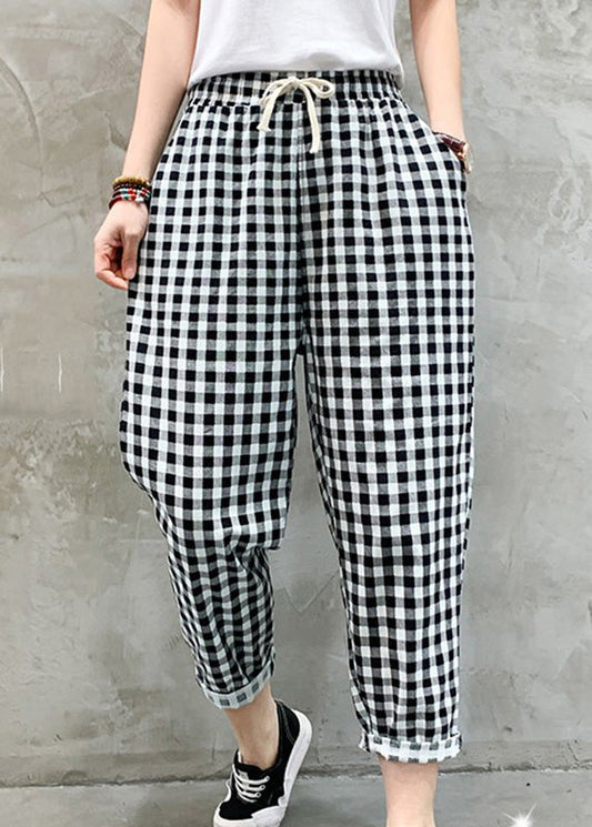 Black White Plaid Tie Waist Crop Beam Pants