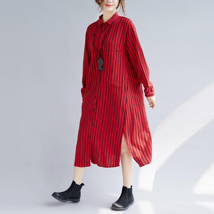 Fine Red Long Cotton Linen Shirt Dress Turn-down Collar Side Open Fine Long Sleeve Pockets Cotton Linen Shirt Caftans